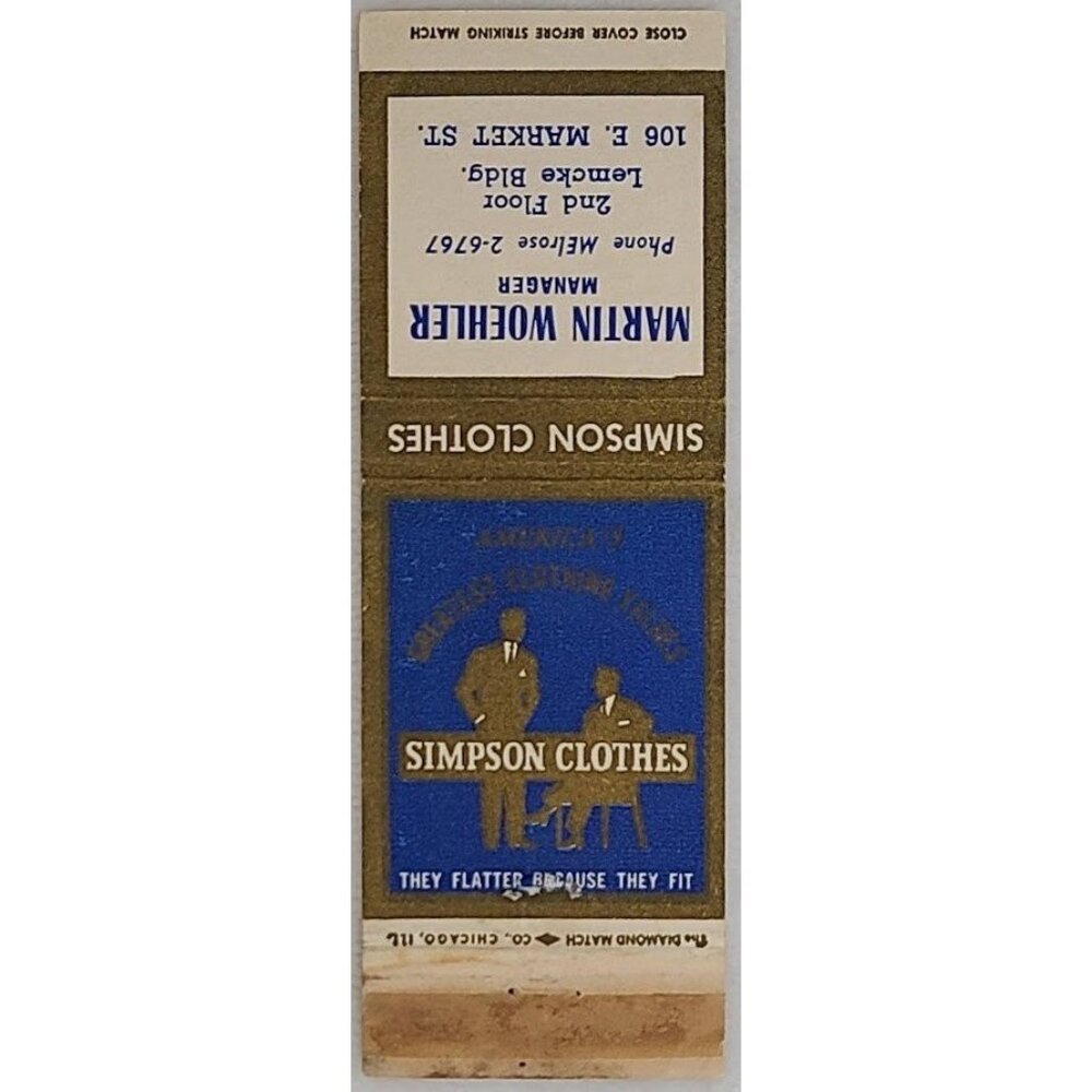 Simpson Clothes Lemcke Building Indianapolis IN Front Strike Matchbook Cover - Picture 2 of 4